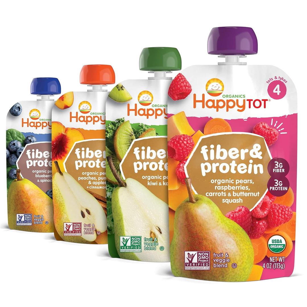 Happy Tot Organics Stage 4 Baby Food Pouches, Gluten Free, Vegan Snack, Fiber & Protein Fruit & Veggie Puree, Fruit & Veggie Variety Pack, 4 Ounce (Pack of 16) (EXP 08/03/27)