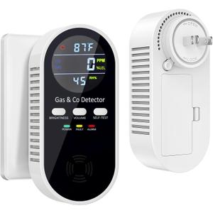 5in1 Upgraded Gas & Carbon Monoxide Detectors Plug in, Combination Natural Gas Detector and Carbon Monoxide Detector with ℉, Humidity and Sound, Brightness Control, Holds 9V Battery, EXP: 10 Years After Instalation (Not Included)