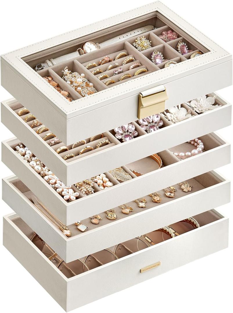 SONGMICS Stackable Jewelry Trays, 5-Tier Jewelry Box, Drawer Jewelry Organizer, with Glass Lid, Removable Dividers, for Vanity Table, 6.7 x 11 x 8.6 Inches, Gift Idea, Cloud White UJBC194W01
