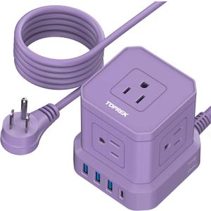 Power Strip with USB, TOPREK 10 FT Extension Cord with Flat Plug, 5 AC Outlet 4 USB, Compact Desk Charging Station for Home Office, Dorm, Hotel, Travel, 700J Surge Protection (Purple)