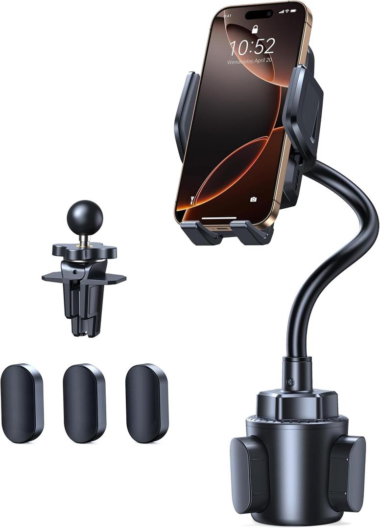 TECKNET Cup Phone Holder for Car - Adjustable Gooseneck Cup Holder Phone Holders with Air Vent Holders & Expandable Base, Cupholder Phones Mount for iPhone 17/16 Pro Max and All Cell Phones, Car Model