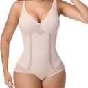 SHAPESHE Shapewear Bodysuit with Underwire for Women Deep V Neck Faja Body Shaper Mesh Slimming Bodysuit, Size L