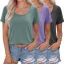 3 Pack Women's Short Sleeve T-Shirts | Loose Fit, Scoop Neck, Tees Shirts, Rolled Sleeve Tops, Curved Hem, Summer, Casual, Basic (Gray, L)
