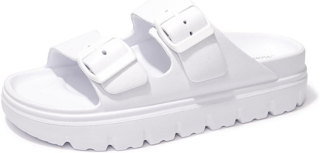 FUNKYMONKEY Women's Comfort Slides with Arch Support, Non-Slip Lightweight Foam Slip-on Flat Beach Sandals with Adjustable Buckle for Vacation & Everyday Wear