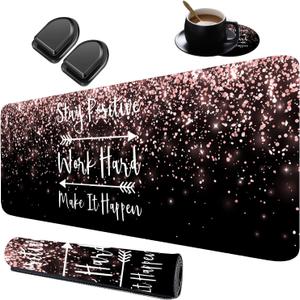 Extended Game XXL Desktop Pad+Mouse Wrist Cushion+Coaster Suite, Non -Slip Rubber Base Mouse Pad and Suture Edge, Memory Foam Wrist Rest Support, Stay Positive Work Hard and Make It Happen (FOK-FO2-Mouse-18)