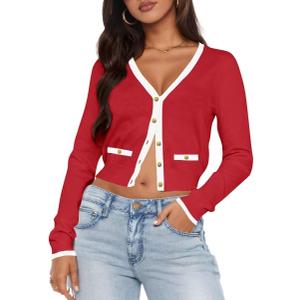 LEEDYA Women's Long Sleeve Cardigan Open Front Knit Cropped Sweaters Fall Color Block Button Down V Neck Lightweight Tops (Large, Red)