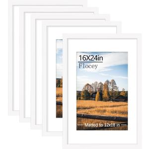 16x24 Picture Frame Set of 5, White Poster Frame, Display Pictures 12 x 18 with Mat or 16x 24 Without Mat for Horizontal or Vertical Wall Mounting, Wall Gallery Frame for Artwork, 16x24-5PACK