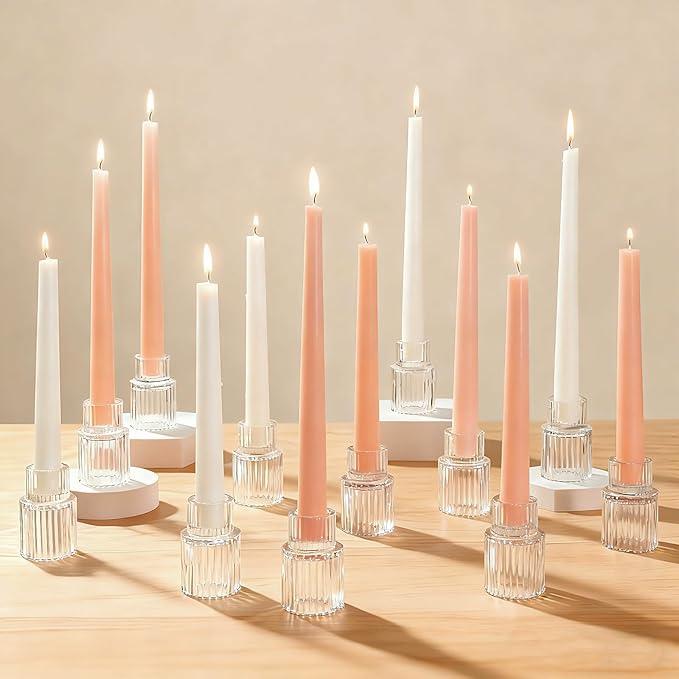 Turvono Clear Glass Taper Candle Holders Set of 12, Small Tapered Candlestick Holders in Bulk, Modern Short Candle Sticks for Dining Table Centerpiece Wedding Christmas Party & Holiday Decorations