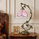 Tiffany Table Lamp Pink Flower Stained Glass Lamp Metal Leaf Base | 7.5" W x 20.2" H Vintage Bedside Reading Desk Lamp, Nightstand Lamp for Living Room, Bedroom, Home Office, Bulb Included
