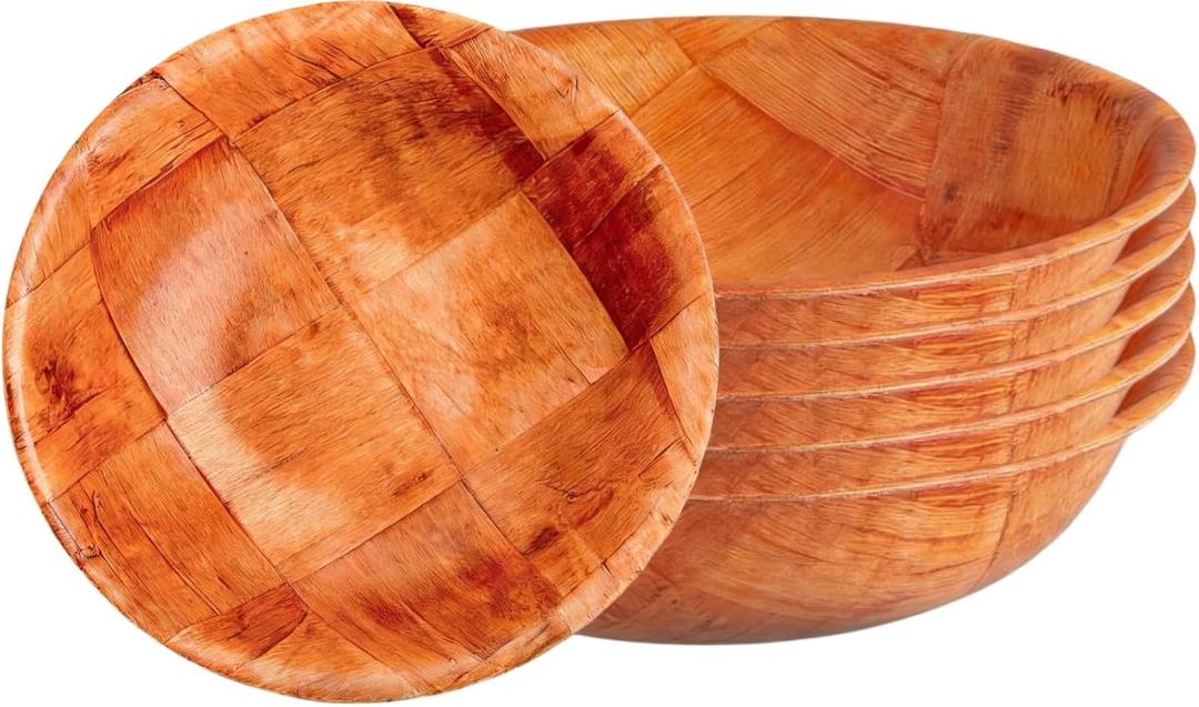 6-Inch Woven Wood Salad Bowls, Set of 6 - Small Wooden Snack Bowls for Fruit, Side Dish & Popcorn - Natural Rustic Serving Bowls for Kitchen, Party & Everyday Use - Lightweight & Durable