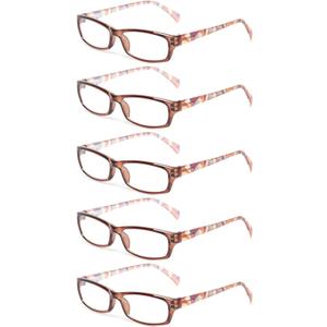 Kerecsen Reading Glasses 5 Pairs Fashion Ladies Readers Spring Hinge with Pattern Print Eyeglasses for Women (5 Brown, 0.5, x)