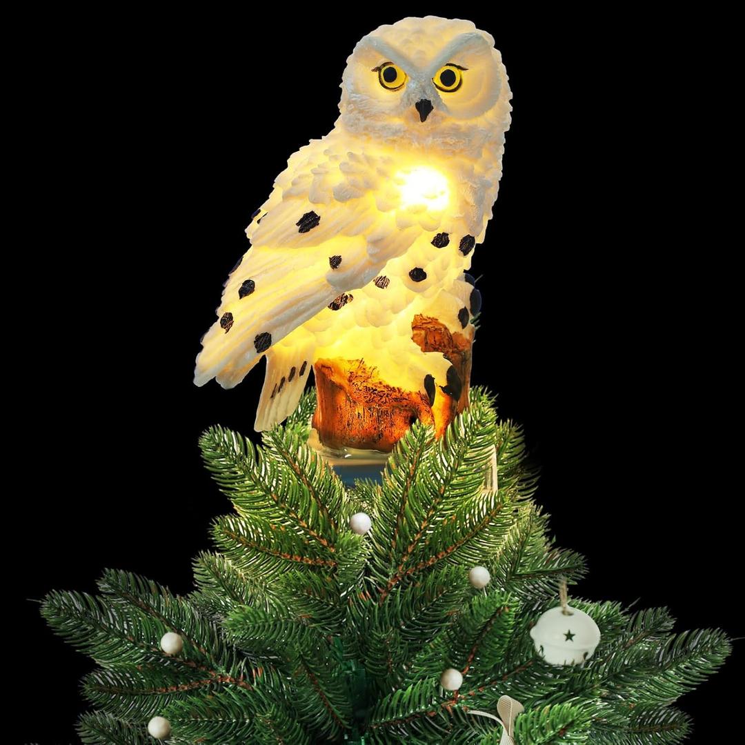 VitalCozy Owl Christmas Tree Topper Battery Powered Resin Magical Figurine Animal Xmas Tree Toppers Wizard Owl Christmas Decorations Vintage Magic Xmas Topper Ornaments for Winter Home Party Supplies