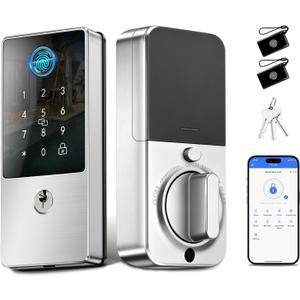 Biometric Smart Lock Deadbolt, Keyless Entry Door Lock with App Control & Remote Code Generation, Electronic Fingerprint Keypad for Home, Airbnb & Bedroom, Auto-Lock, Anti-Peep(Silver)