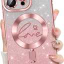 Misscase for iPhone 16 Pro Case Magnetic Glitter with Full Camera Lens Protector,[Compatible with MagSafe] Cute Glitter Bling Sparkly Love Hearts Plating Cover Phone Case for Women Girls-Pink