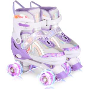 Roller Skates for Girls Boys Kids Age 3-12 Years Old Adjustable 4 Sizes with Wheels Light up, Birthday Gift for Children Teens, Indoor Outdoor (Medium, Purple white)