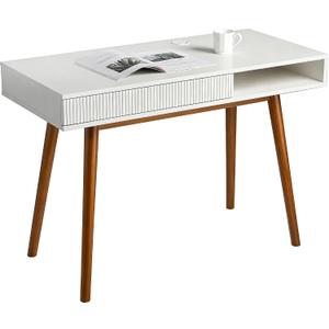 Artswish White Wood Desk with Drawer, 42" Mid Century Modern Writing Desk | Soild Wood Legs, Reinforced Structure, Hidden Drawer & Open Cubby Storage, Built-in Cable Management for a Clean Workspace