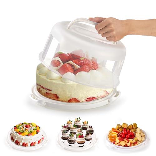 10" Round Cake Carrier Stand with Lid and Handle,Portable Two Sided Cake Holder Serves as 5 Section Fruit Tray,Cupcake Containers for 11 Cupcakes (White)