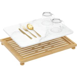 Golener Stone Drying Mat for Kitchen Counter, Dish Drying Pad with Bamboo Rack, Super Absorbent Diatomaceous Earth and Drying Rack, Multi-purpose Quick Drying Mat Rack for Kitchen,16x12,Marble White