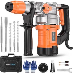 1-1/4 Inch SDS-Plus 13 Amp Heavy Duty Rotary Hammer Drill with Safety Clutch 3 Functions, Vibration Control, for Floor Tile Removal, Concrete Breaker, Including Grease, Chisels & Drill Bits
