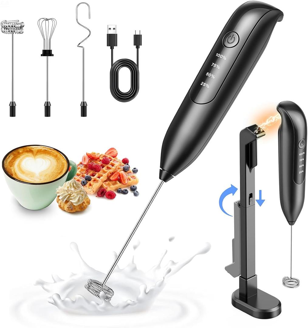 Electric Milk Frother Handheld: Rechargeable - LED Digital Display, Bare-Bones Version - Black