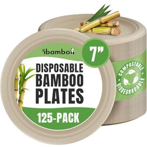ibambo Bamboo Small Compostable Plates (125-Pack, 7-inch) | Sturdy & Microwave Safe | Bamboo Disposable Plates | PFAS Free, Biodegradable | FSC Certified Alternative to Plastic