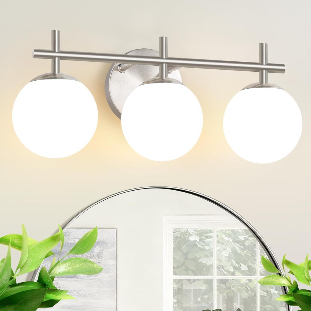 3-Light Bathroom Light Fixtures, Brushed Nickel Vanity Lights for Bathroom with Milky White Ball Shades, 18.9 inch Bathroom Lighting Fixtures Over Mirror, Wall Sconce for Bedroom (Bulb Not Included)