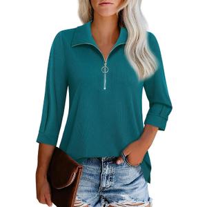 Vivilli Womens Tops Dressy Casual 3/4 Length Sleeve V Neck Shirts and Blouses Zipper Collar Women Polo Shirts (Green, L)