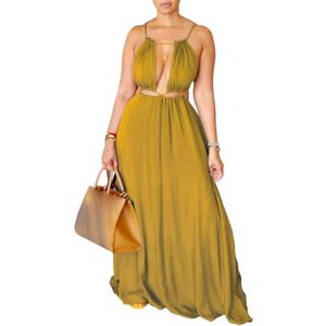 2025 Women Summer Beach Dresses Sexy Cut Out Sleeveless Spaghetti Strap Halter Dress Flowy Maxi Vacation Dress (Large, Yellow)