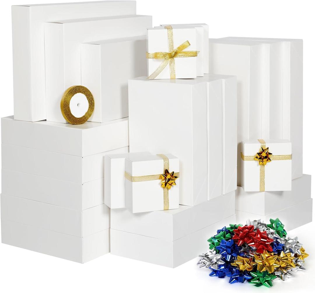 joyhalo 24 Pack Gift Boxes with Lids for Presents - White Small Large Chritsmas Gift Boxes Bulk for Clothes with Ribbon and Flowers, Assorted Sizes for Wrapping Gifts, Shirt, Gift Wrapping Supplies
