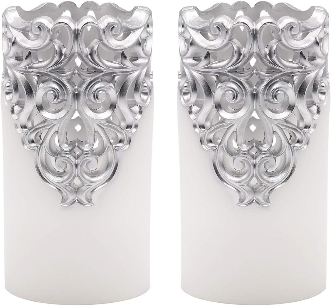 Hollow Silver Flameless Flickering Candles with 5H Timer, Battery Operated LED Pillar Candles Unscented Wax Warm Light Christmas Home Decoration(Set of 2, 3 x 6 Inches)