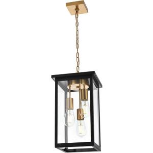 3-Lights Black and Brass Outdoor Pendant Light, Exterior Hanging Lantern with Clear Glass, Height Adjustable Hanging Light Fixture for Porch Patio Damp Locations, E26 Base