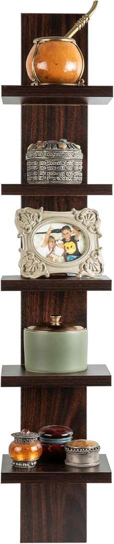 Danya B 5 Tier Wall Shelf Unit Narrow, Dark Brown Walnut Finish - Vertical Column Shelf, Floating Storage, Home Decor Organizer, Tall Tower Design, Utility Shelving, Bedroom, Living Room