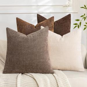 Set of 4 Soft Textured Decorative Throw Pillow Covers 18x18 Inch Cozy Farmhouse Cushion Cover Square Accent Pillow Cases for Bed Couch Sofa Living Room, Beige Taupe Brown