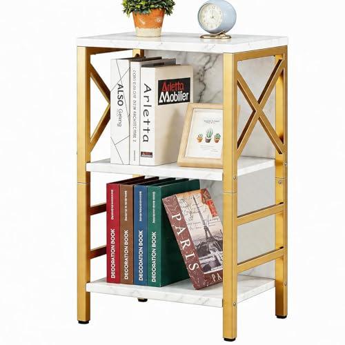 MNEETRUNG Small Bookshelf,3 Tier Industrial Bookcase with Metal Frame and Backboard,Low White and Gold Book Shelf,Book case for Small Spaces,Living Room,Bedroom and Home Office