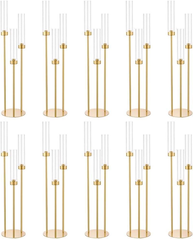 Vincidern 10pcs 3 Arm Candelabra, Gold Candle Holder Centerpieces for Table, 33.8'' Tall Candelabra with Acrylic Lampshade for Wedding Table Centerpiece, Birthday Party, Events Fit LED Taper Candles