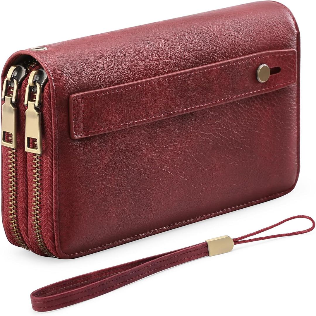 GAEKEAO Wallet for Women Clutch RFID Blocking Wristlet Leather Purse Large Capacity Credit Card Holder with Grip Hand Strap (A11 Retro Wine Red-1)