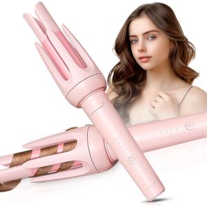 Auto Hair Curler, Automatic Curling Iron with 4 Temperature & 3 Timer, Automatic ShutOff, AntiScald, AntiTangle Rotating Curling Wand for Hair Styling, Pink
