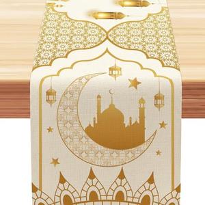 Ramadan Decorations for Home Gold Ramadan Table Runner(13x72 Inch) Eid Dinner Table Decor Tree Lantern Castle Moon Star Kitchen Holiday Party Favors Supplies Mubarak Runner Cover Cloths Gifts