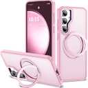 for Samsung Galaxy S23 FE Case with 360 Rotatable Magnetic Ring Stand Compatible with Mag-Safe Military Protection Shockproof Matte Translucent Phone Cases for S23 FE,Pink