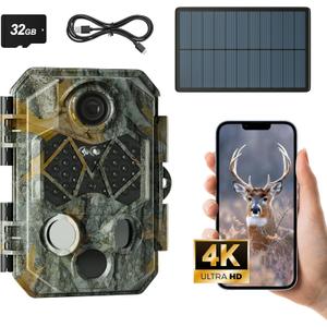 Solar Trail Camera WiFi-Trail Camera with 10000mAh Rechargeable Battery Pack 4K 64MP Game Cameras with Night Vision IP66 Waterproof 120 Detection Angle 0.2s Trigger 940nm No Glow LED Wildlife