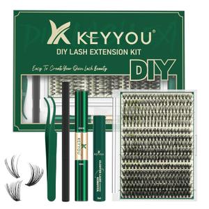 KEYYOU Lash Extension Kit DIY 300Pcs Lash Clusters Eyelash Extension Kit Lash Clusters Kit with Lash Glue Remover Applicator Easy to Use for Beginners(Kit,30D40D50D-C,8-16MIX)