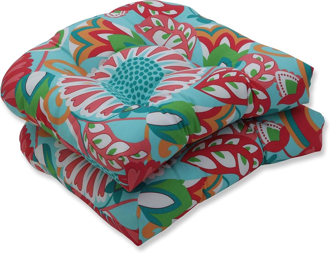 Pillow Perfect Bright Floral Indoor/Outdoor Chair Seat Cushion Tufted, Weather, and Fade Resistant, 19" x 19", Green/Pink Sophia 2 Count