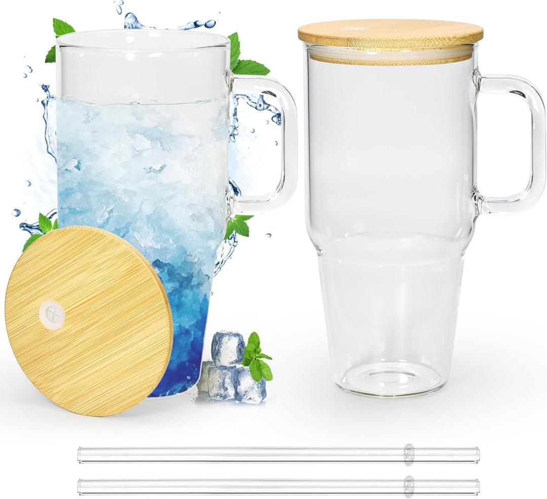 Glass Cups with Lids and Straws 20 oz Glass Tumbler with Straw and Lid 2 Pack Glass Tumbler with Handle Wide Mouth Iced Coffee Cups for Smoothies, Soda, Tea, with Bamboo Lids