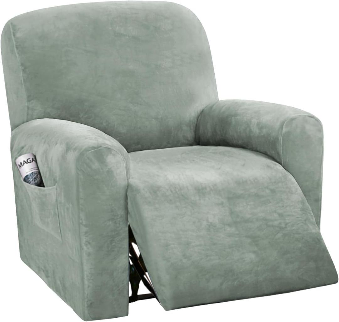 H.VERSAILTEX 4-Pieces Recliner Chair Covers Velvet Stretch Reclining Couch Covers for 1 Cushion Sofa Slipcovers Furniture Covers Form Fit Customized Style Thick Soft Washable(Small, Sea Grass)