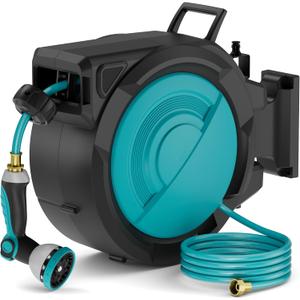 Retractable Garden Hose Reel 1/2 Inch x 100 ft, Heavy Duty Hose Reel Wall Mounted, Any Length Lock, Water Hose Reels 3/4 in Brass Fitting 10 Pattern, Auto Rewind System with 180 Swivel Bracket (Blue)