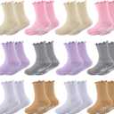 Baby Girls Toddler Ruffle Grip Socks Kids Non Slip Cute Frilly Cotton Crew Socks Uniform School Dress Sock 12 Pairs