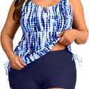 Women's Plus Size Tankini Swimsuit - Two Piece Bathing Suit with Shorts 2025 V-Wired Tummy Control Swimwear Blue Tie Dye 20W