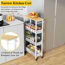 OKZEST Utility Slim Storage Cart, 4 Tier Small Rolling Kitchen Laundry Room Cart with Wood Top, Metal Narrow Bathroom Storage Cabinet Mobile Shelf Unit Organizer Trolley with Handle for Narrow Space
