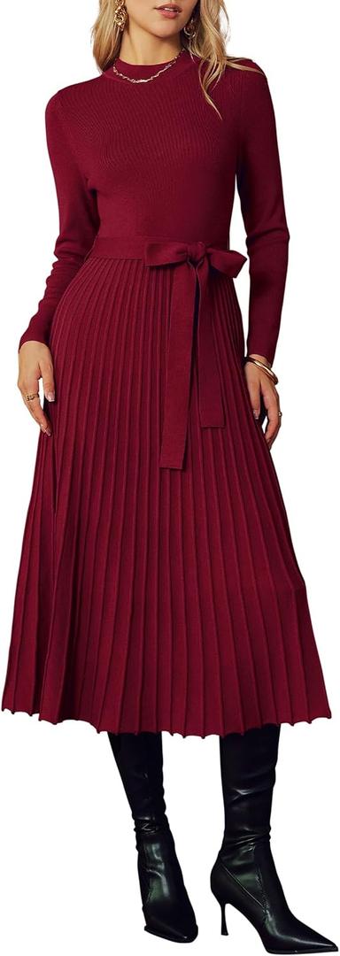 Arach&Cloz Fall Winter Womens Sweater Dress 2025 Long Sleeve Turtleneck Cashmere Ribbed Knit Tie Waist Pleated A Line Pullover Fashion Belt Midi Clothes Christmas Party Outfits Wine Red Burgundy, M