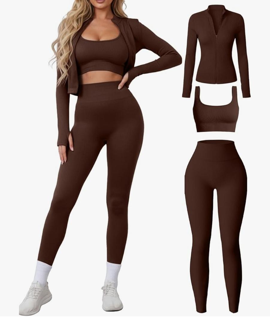 Women 3 Piece Seamless Workout Set Sports Bra High Waisted Gym Yoga Leggings Zip Up Jacket with Thumbhole Activewear.L